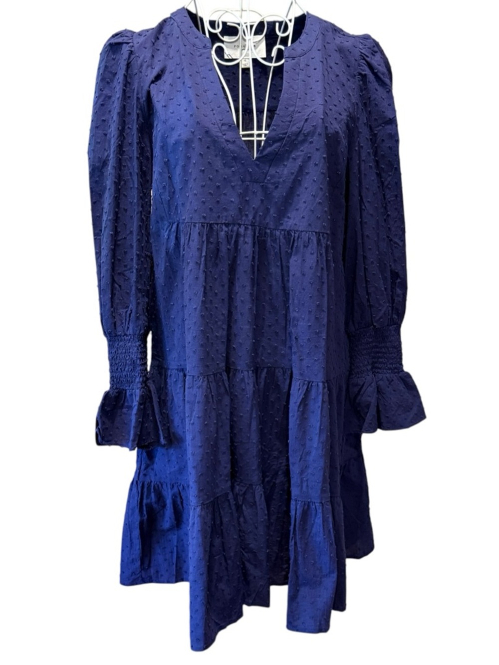 Pomander Place Tuckernuck Navy Swiss Dot Dress Puff Sleeve V-Neck Tiered M
